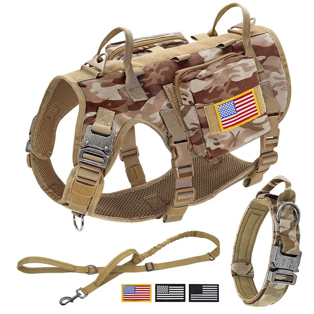 Tactical Dog Harness Collar Leash Set Military Training Pet Vest with Pouches Flags Durable Collars for Big Dogs German Shepherd BRCA