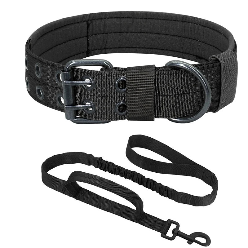 Adjustable Sturdy Tactical Dog Collar with Leash Set for Medium to Large Dogs Anti-Bite Durable Neck Collar For Strong Dogs Black Set