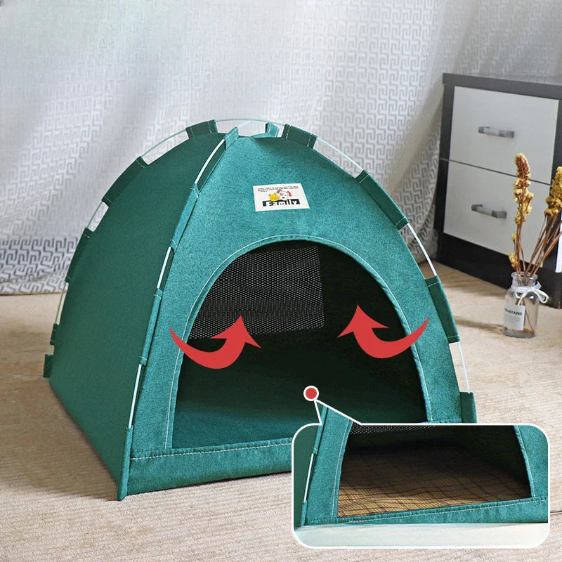 Foldable Cat & Small Dog Tent Bed — Portable Breathable Plush Pet House with Summer Cooling Mat