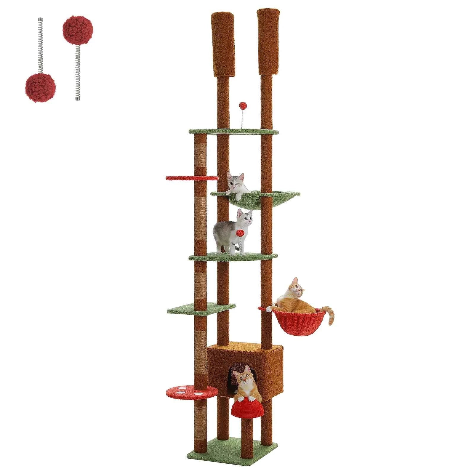 Floor to Ceiling Cat Tree – Adjustable Wooden Tower with Hammock & Sisal Scratching Posts B XL