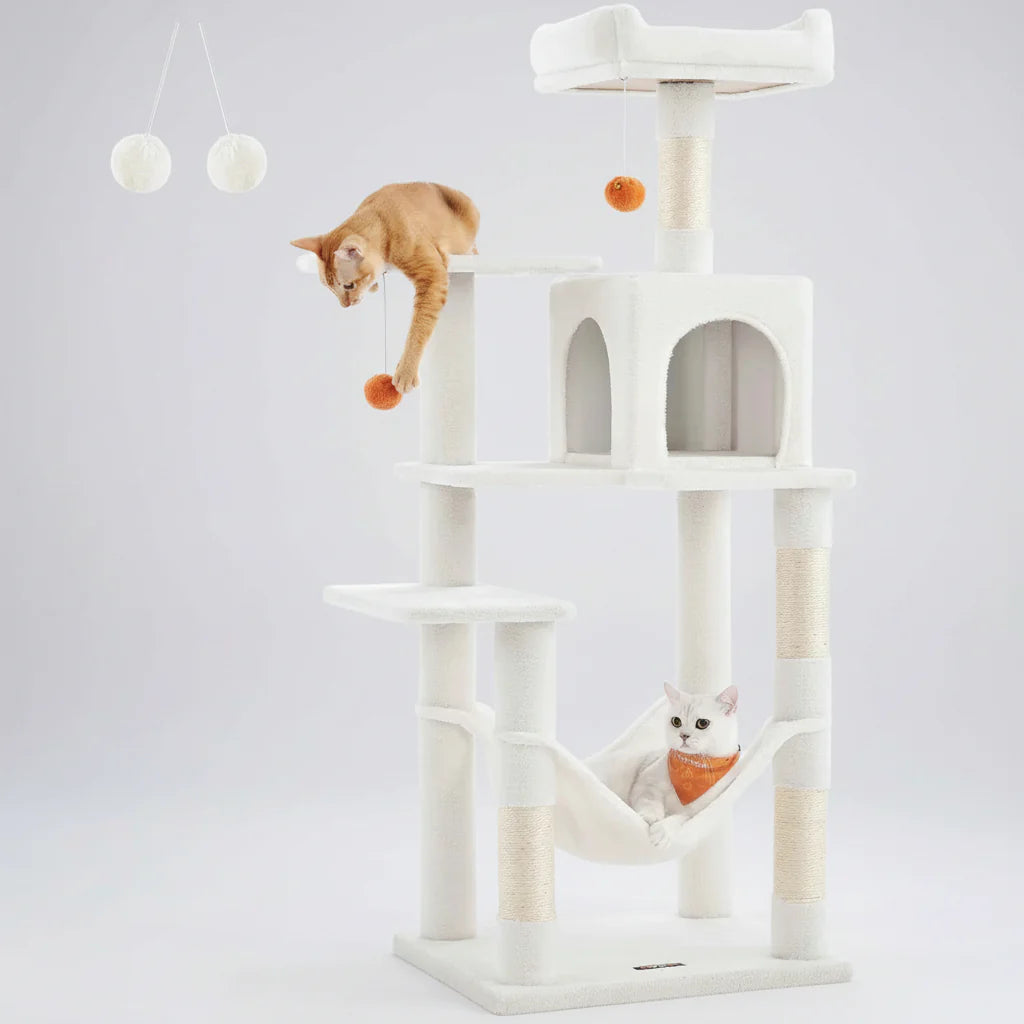 56.3" Multi-Cat Tree Tower Hammock, Condo & Scratching Posts for Indoor Cats Cream White