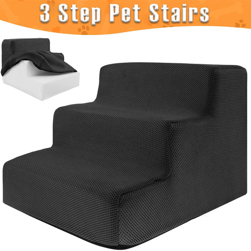 3-Step Pet Stairs for Small & Medium Dogs and Cats — 34 x 40 x 30 cm (13.4 x 15.7 x 11.8 in) High-Density Foam, Non-Slip, Removable Washable Cover