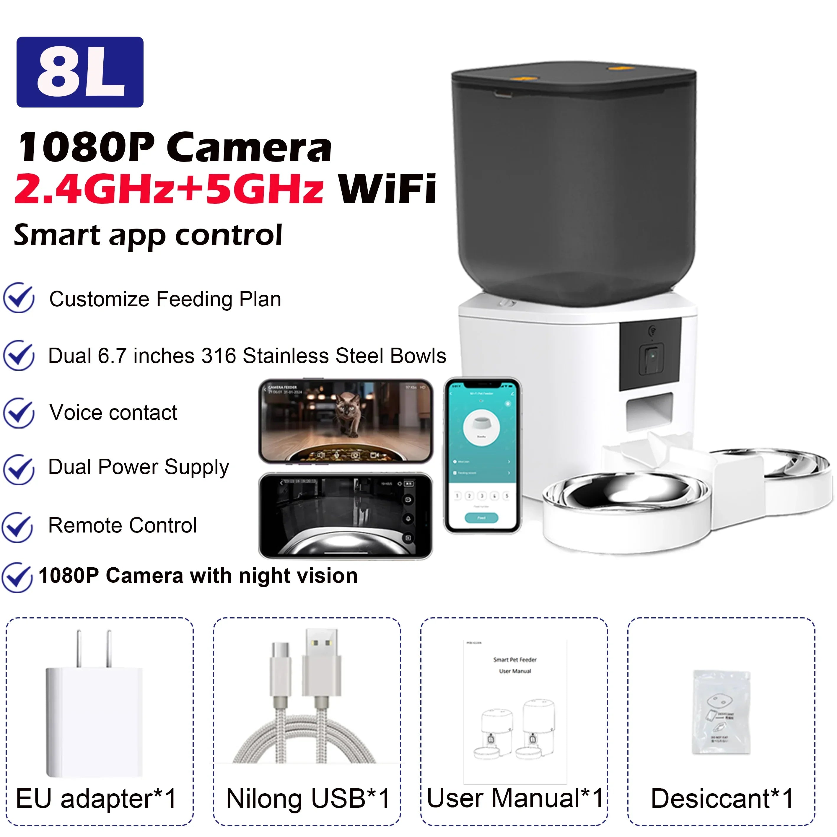 Furpipi 8L Smart Automatic Cat Feeders with 1080P HD Camera 5G WiFi Pet Feeder Tuya APP Control Automatic Cat Dog Food Dispenser 5G 1080P Bowl x2 W Food-grade ABS