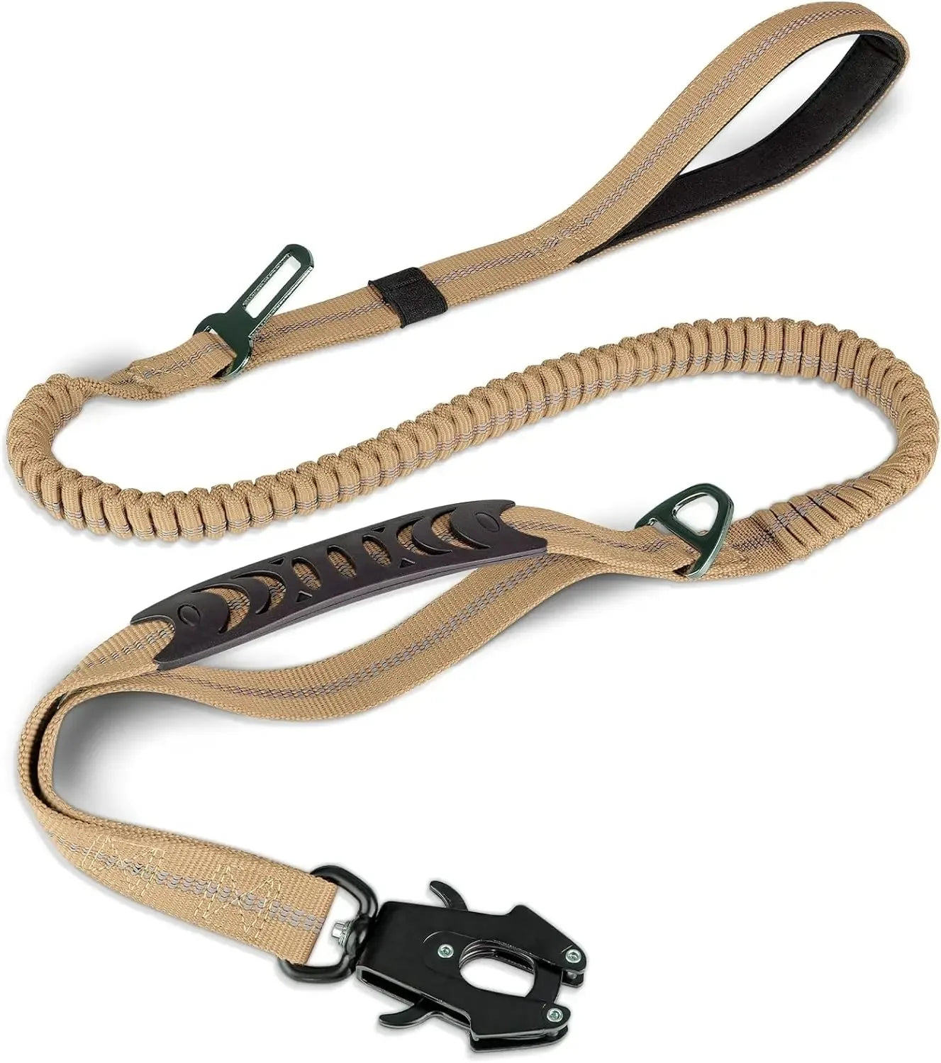 Tactical Dog Leash Heavy Duty, 4-6FT Shock Absorbing Bungee Lead with 2 Padded Handle, Metal Carabiner Clip, Car Seatbelt Khaki