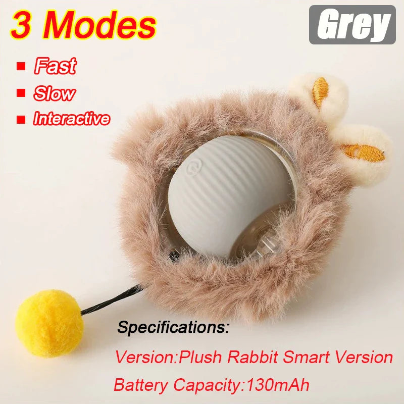 Interactive Automatic Rolling Ball Toy for Cats and Dogs, Rechargeable Smart Pet Toy with Faux Tail Plush 3 Modes Grey