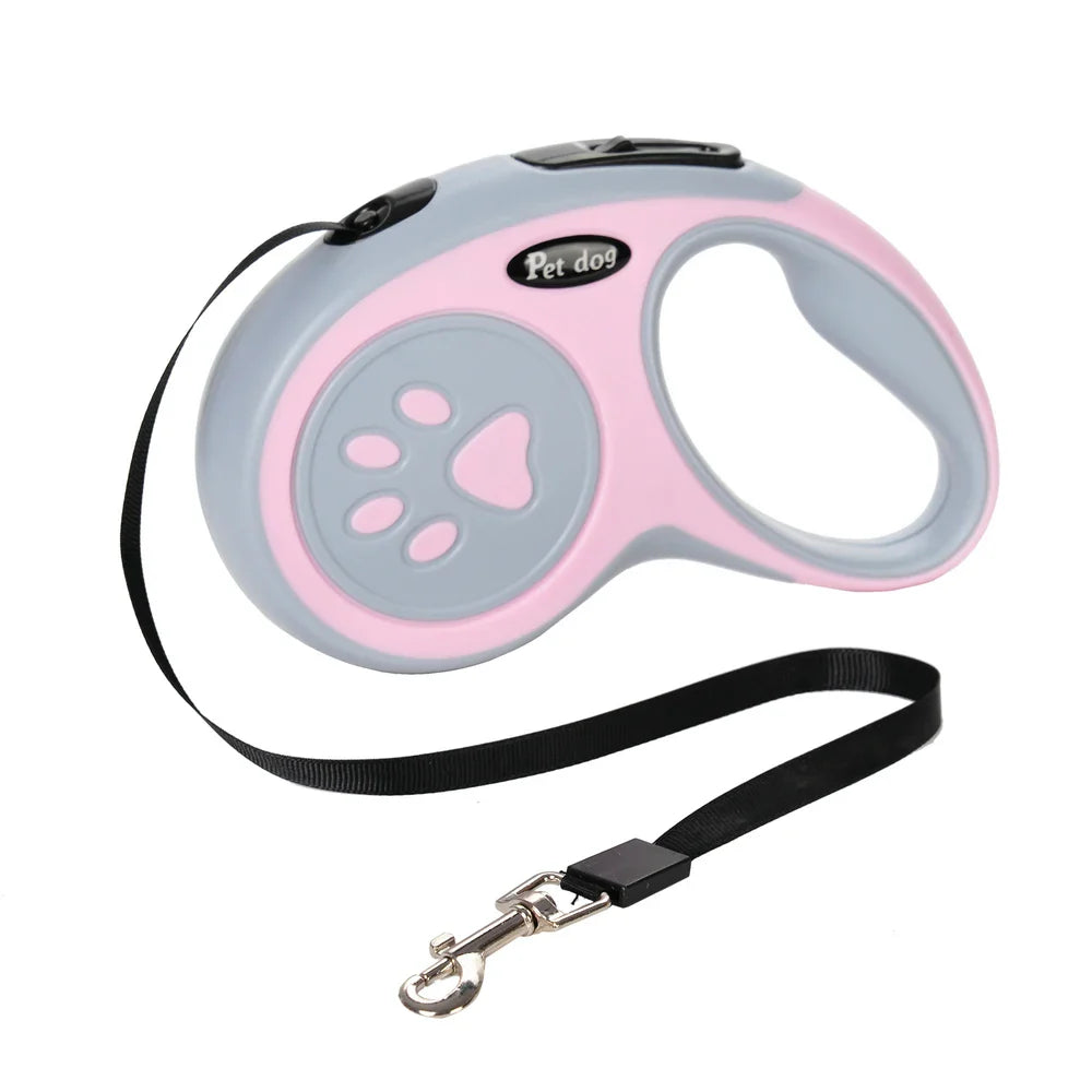 Retractable Dog Leash 3m/5m (9.8ft/16.4ft) Nylon Rope with Quick-Release ABS Case and Paw Print Keychain Pink