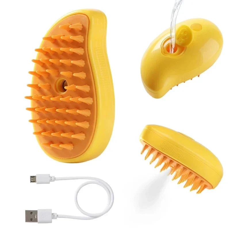 Steam Pet Grooming Brush 3-in-1 Spray Massage USB Rechargeable Hair Removal Comb for Cats & Dogs Yellow Mango