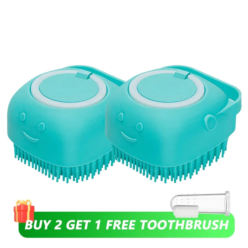 Dog & Cat Silicone Bath Brush with Shampoo Dispenser — Soft Rubber Bristles for Grooming & Massage 2x Blue