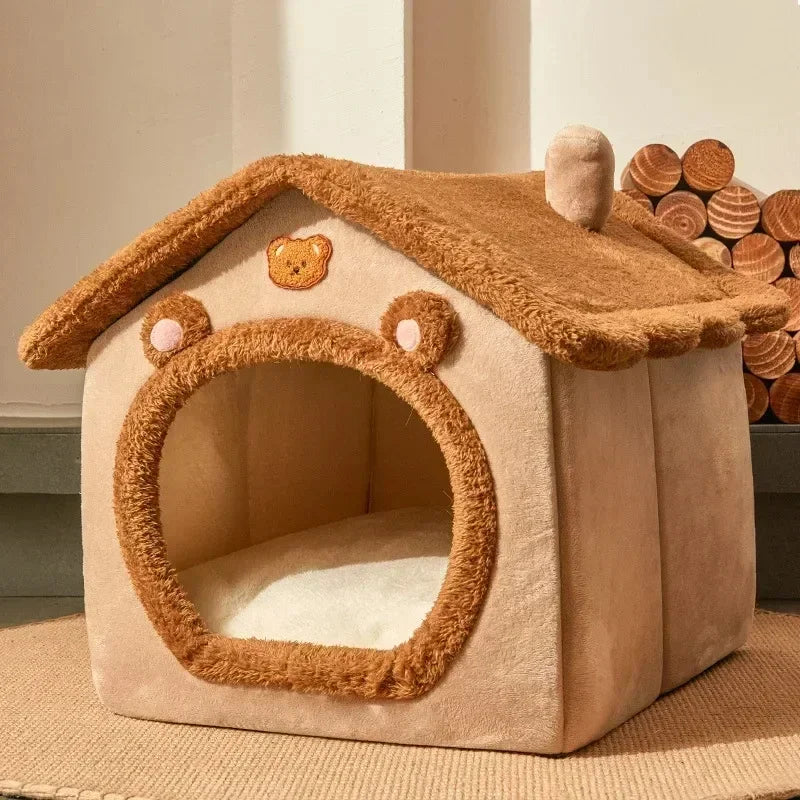 Foldable Pet House with Removable Mattress — Small / Medium / Large Cozy Dog & Cat Bed Winter Kennel Brown bear