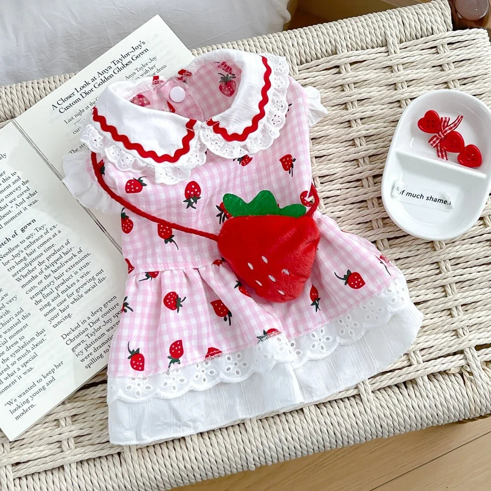 Strawberry Dress For Dogs Summer Spring Cute Plaid Female Girl Puppy Pet Cat Apparel Clothes Yorkie Chihuahua Small Medium Pugs Pink