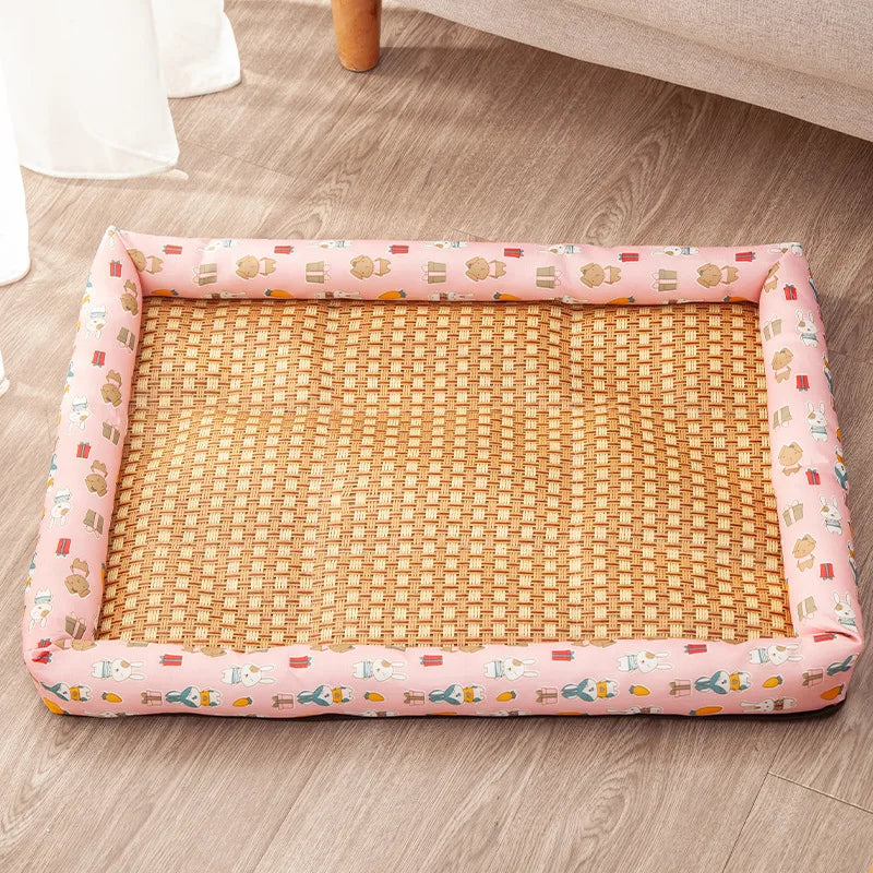 Pet Summer Mat Cute Dog Cooling Sofa Breathable Small Dog Bed Cushion Moistureproof Rattan Wear Cat Mat Accessories Pink rabbit