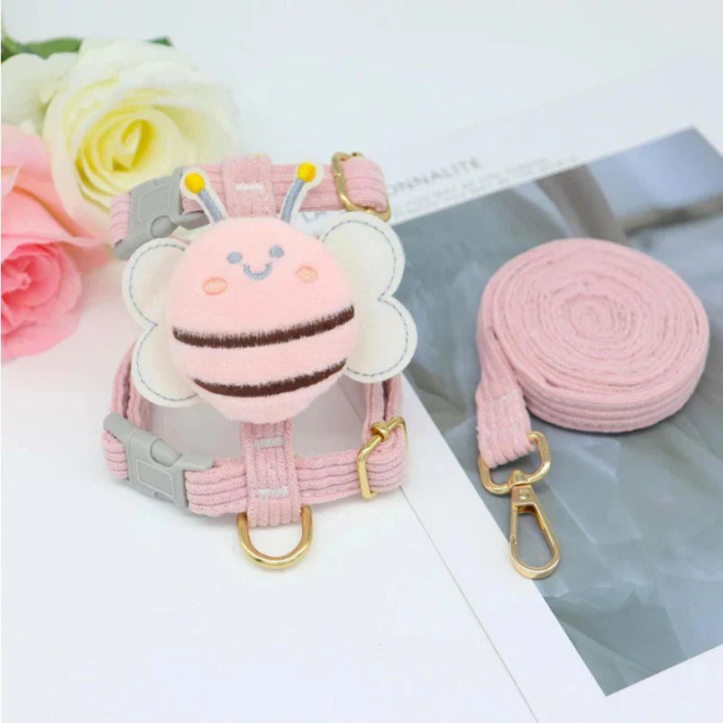 Portable Dog Chest & Back Harness with Leash – Bee Pattern, Small/Medium Pet Walking Harness pink