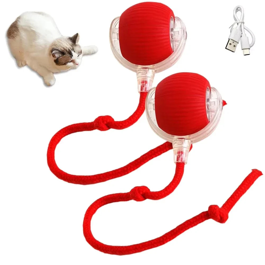 Rechargeable Interactive Rolling Cat Toy with Faux Tail - Motion-Activated Ball for Cats & Small Dogs 2PC Red