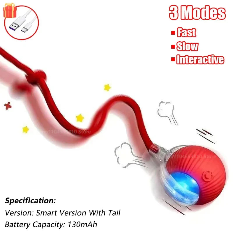 Interactive Rechargeable Cat Ball Toy with Faux Fur Tail — Automatic Rolling Smart Pet Ball (USB-C) for Cats & Small Dogs Red-Rope