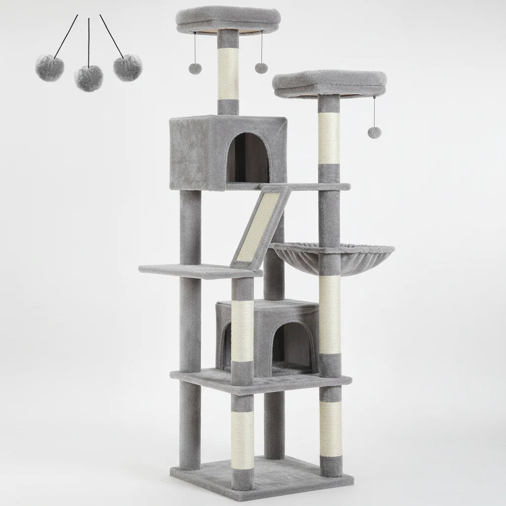 Extra Tall Cat Tree Tower – 6–7 ft Multi-Level Plush Condo with Scratching Posts D
