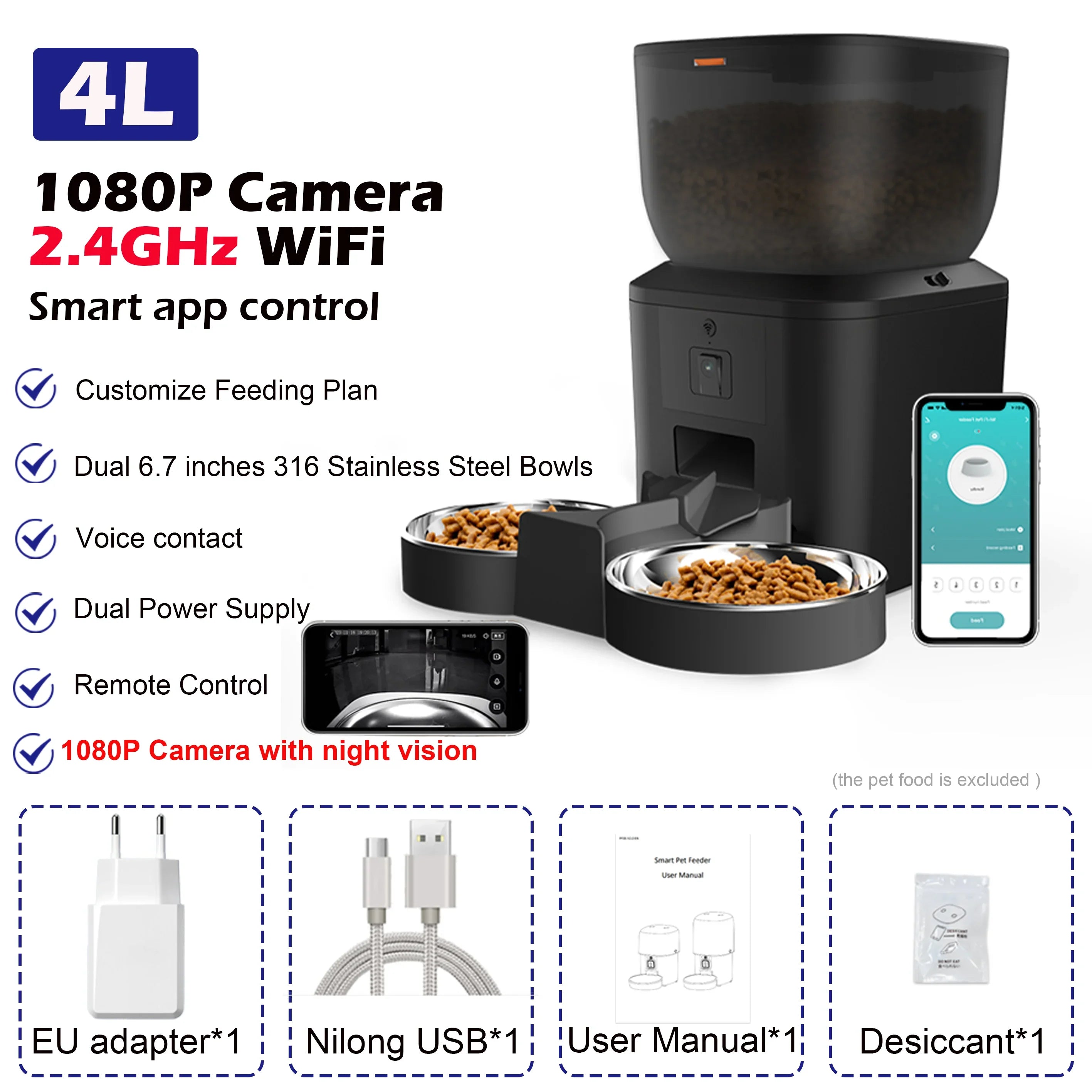 Smart 4L Automatic Pet Feeder with 1080P Camera & Night Vision, App-Controlled Voice Recorder Remote Feeding for Cats & Dogs 2.4GHz Bowls x2