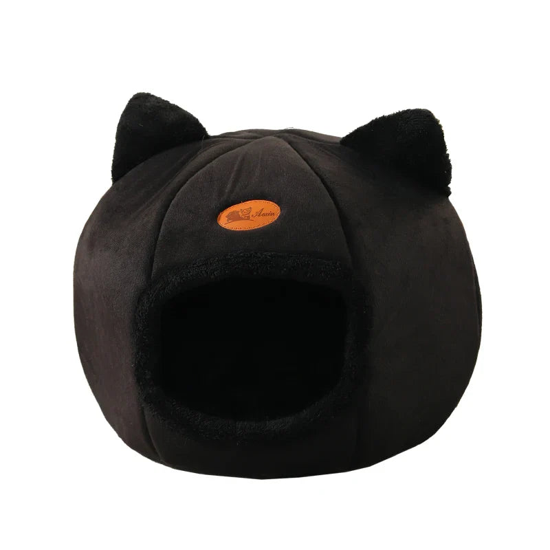 Plush Cat Cave Bed for Cats & Small Dogs – Indoor Pet House Tent with Removable Cushion, M/L/XL (33–39 cm | 13–15 in) Black