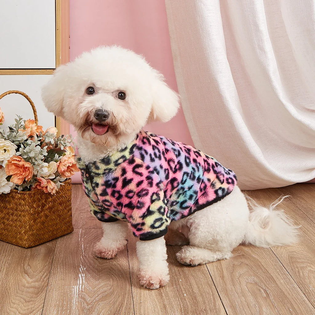 Pet Clothes for Dog Cat Puppy Tank Top Colorful Leopard Fuzzy Coat Sweatshirt Dog Outfits for Small Medium Dog for Autumn Winte