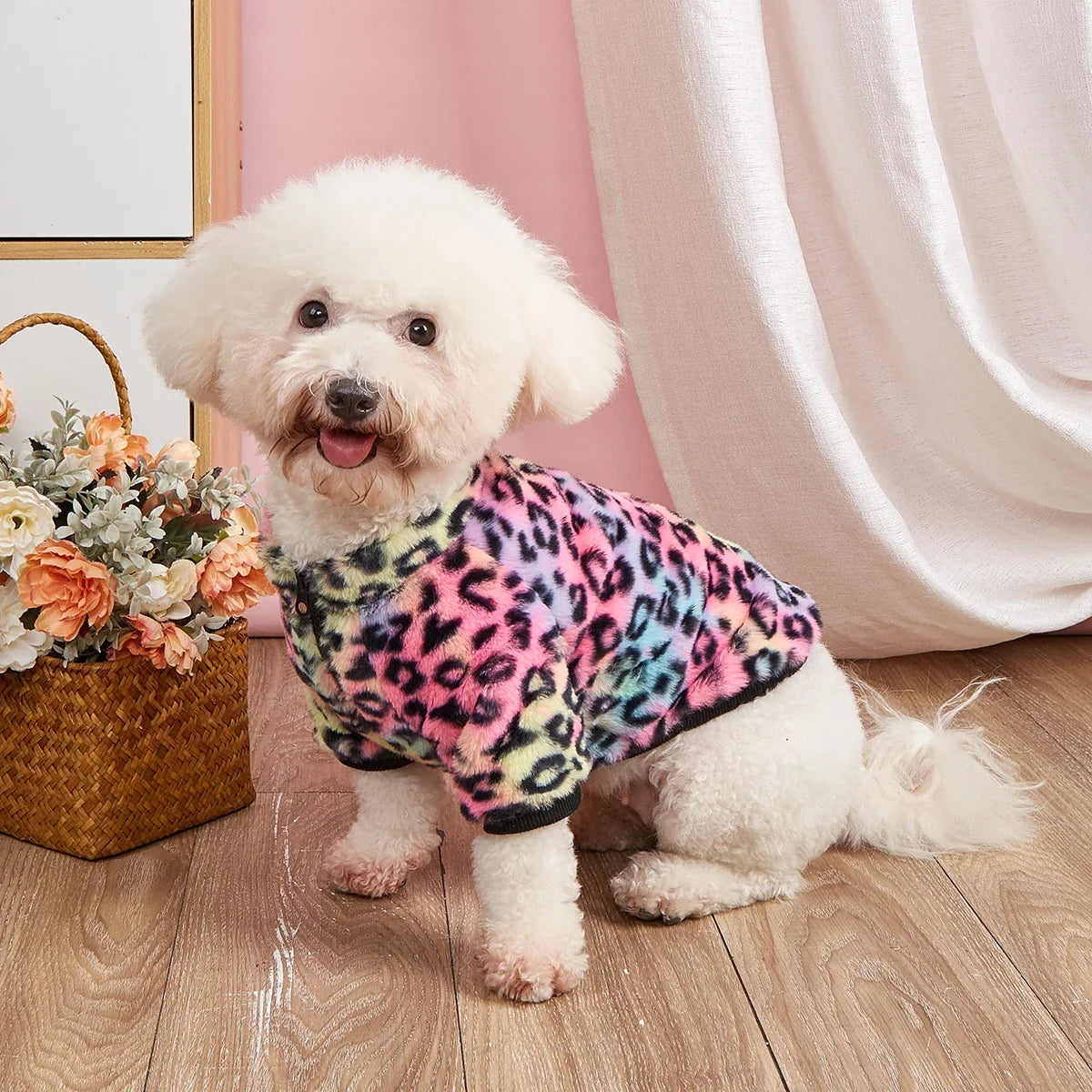 Pet Clothes for Dog Cat Puppy Tank Top Colorful Leopard Fuzzy Coat Sweatshirt Dog Outfits for Small Medium Dog for Autumn Winte