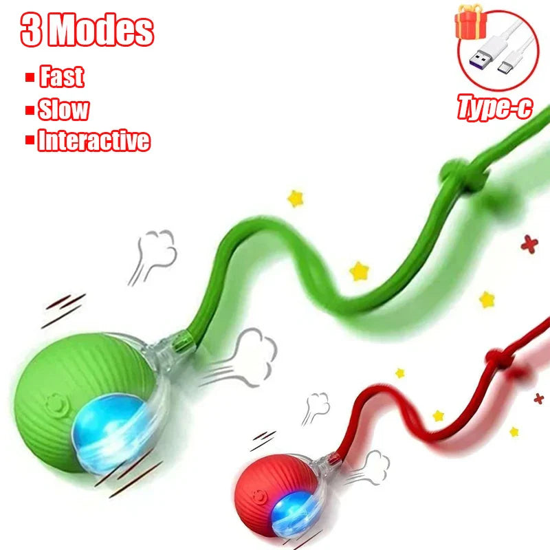 Interactive Automatic Rolling Ball Toy for Cats and Dogs, Rechargeable Smart Pet Toy with Faux Tail Green and Red