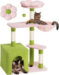 Large Cat Tree with 2-Door Condo – Scratching Posts, Floral Perch & Hammock for Adult Cats (Green/Pink)