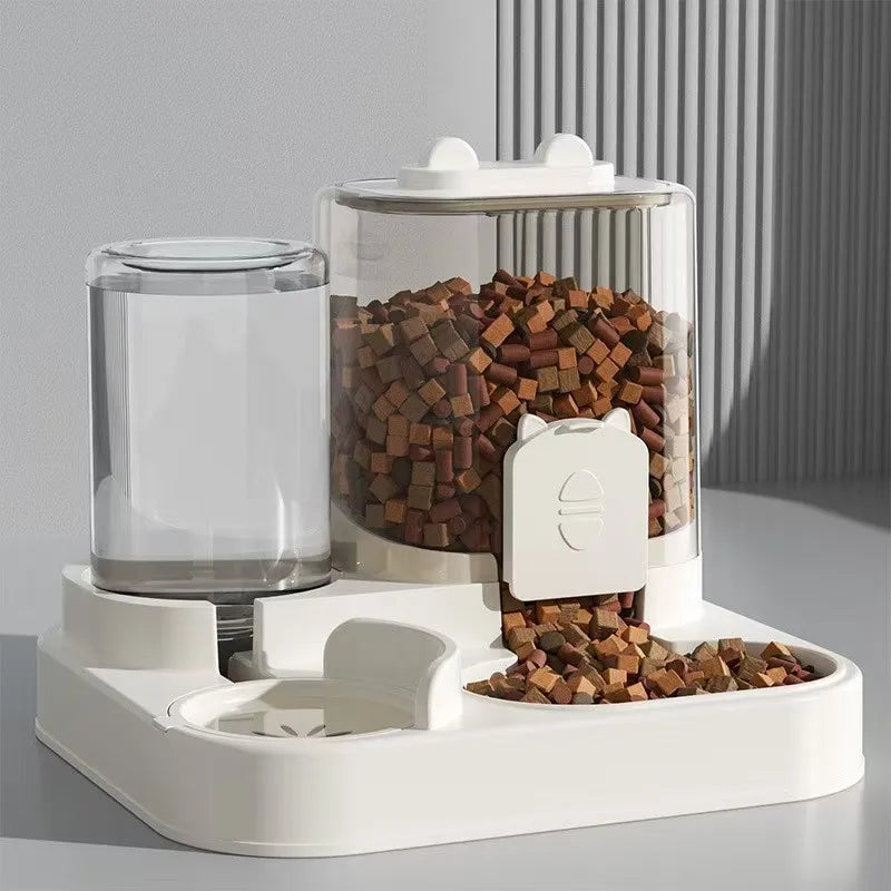 Automatic Non-Electric Pet Feeder with Water Fountain, Gravity-Fed Large-Capacity Dog & Cat Food Dispenser WHITE L 2L
