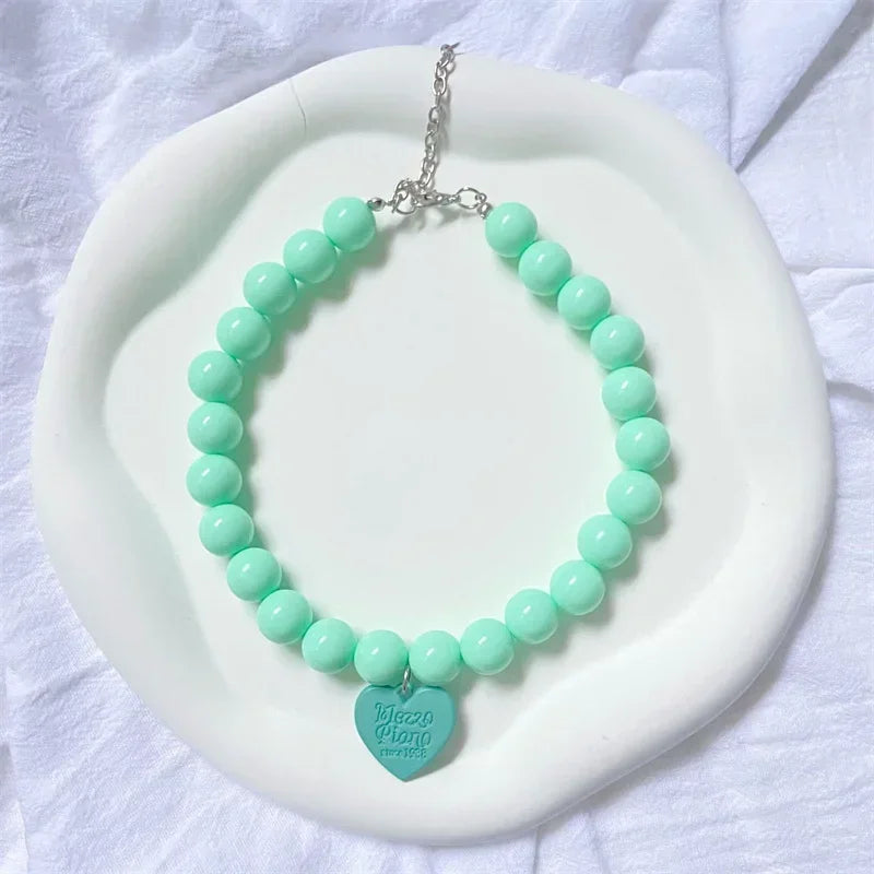 Princess Heart Pendant Pet Pearl Collar Dog Necklace Cat Jewelry Collar Puppy Accessories Dog Chain Chihuahua Wedding Jewelry Lake blue