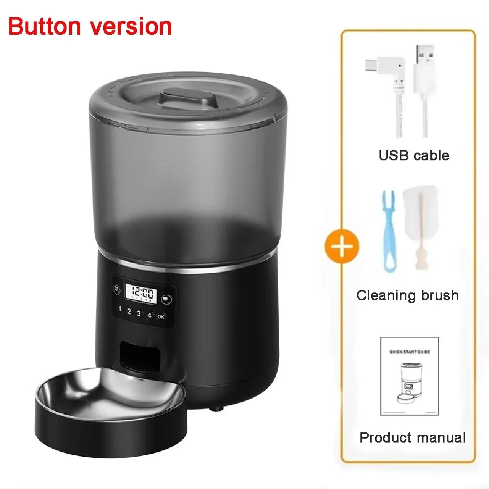 Automatic Pet Feeder 4L Capacity Smart Timer Tuya Control Food Dispenser with Stainless Steel Bowl Dogs Cats Feeding Supplies Key Version Black