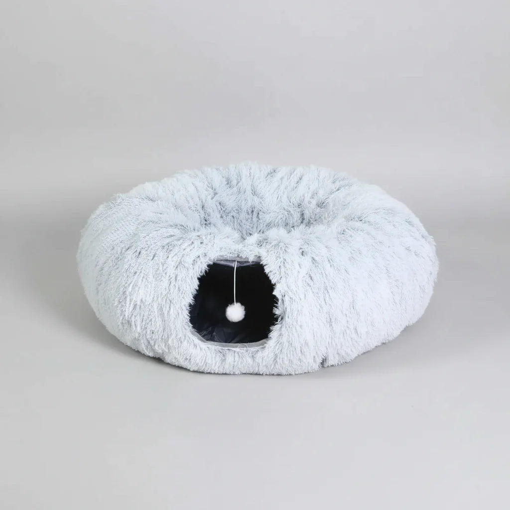 Plush Cat Tunnel Bed – 2-in-1 Cozy Sleeping Bed and Interactive Toy Grey L