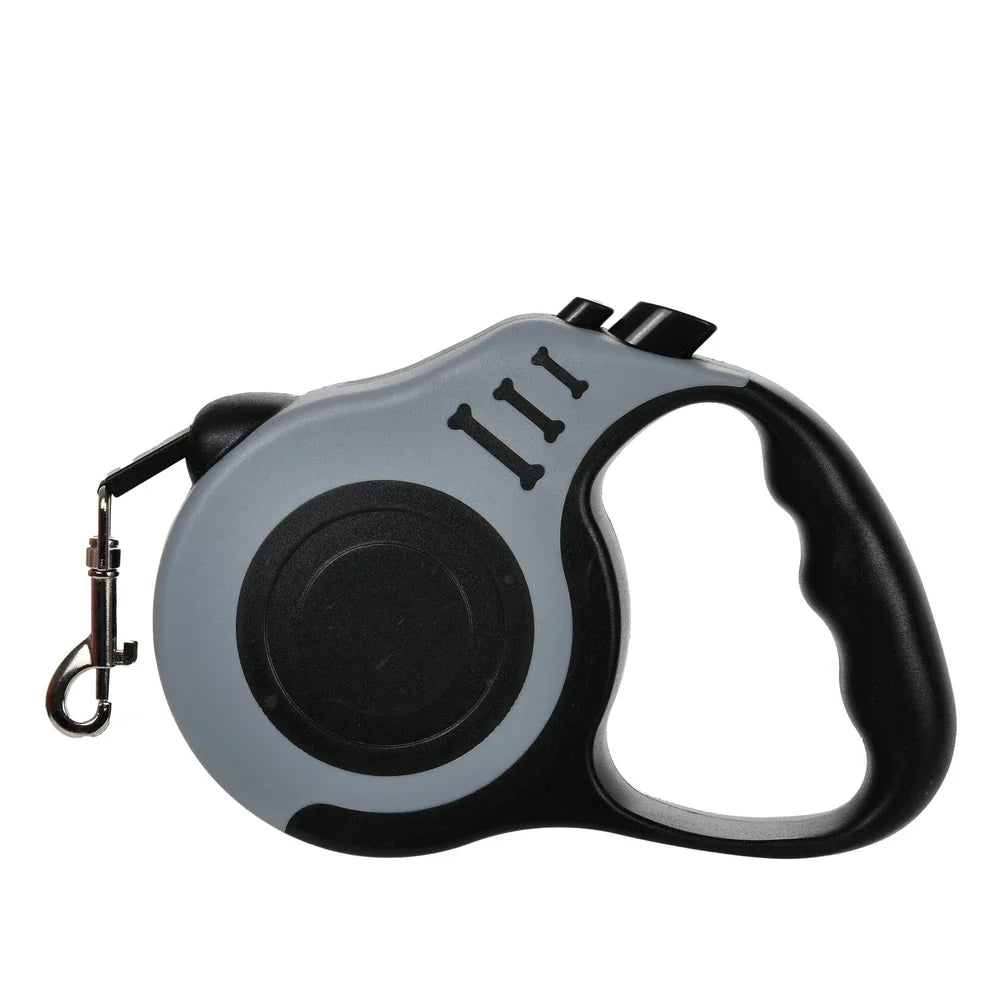Retractable Dog Leash 3m/5m (9.8ft/16.4ft) Nylon Rope with Quick-Release ABS Case and Paw Print Keychain Gray Black