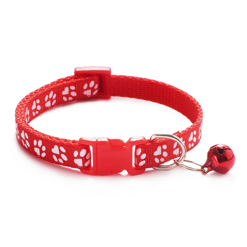 Adjustable Cat Collar with Bell and D-Ring, Dog-Print Rope Necklace, Multiple Colors S red