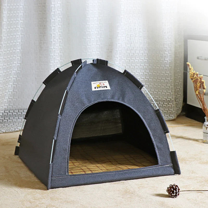 Foldable Cat & Small Dog Tent Bed — Portable Breathable Plush Pet House with Summer Cooling Mat Four Seasons grey