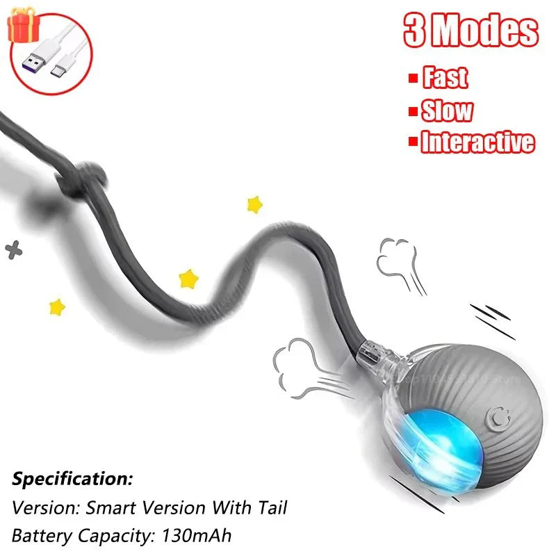 Interactive Rechargeable Cat Ball Toy with Faux Fur Tail — Automatic Rolling Smart Pet Ball (USB-C) for Cats & Small Dogs Grey-Rope