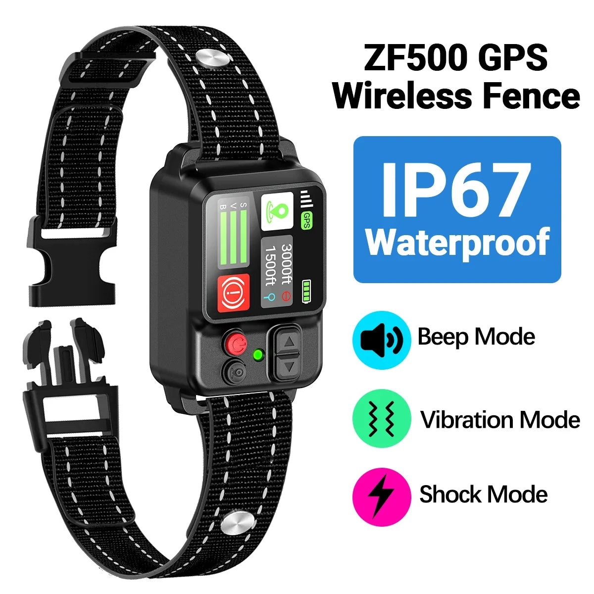Orcleab Wireless Dog Fence GPS Dog Collar IP67 Waterproof Electric Shock Pet Containment System 3 Training Mode Free-Form Fence 1XGPS Fence