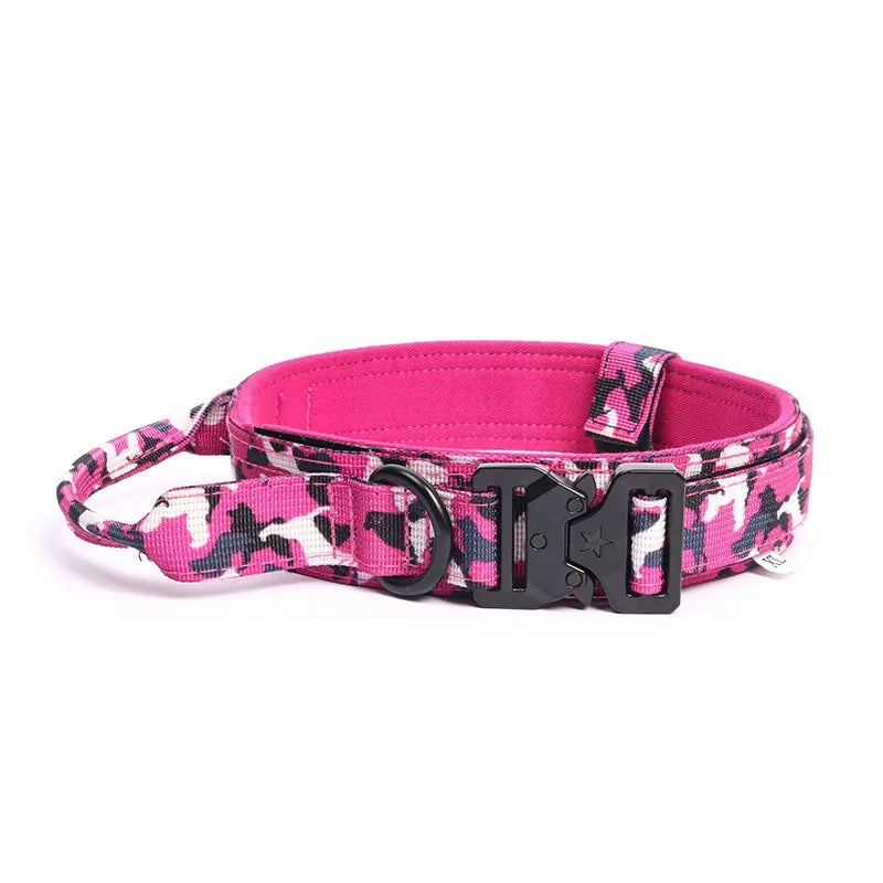 Tactical Dog Collar with Handle Heavy Duty Nylon Collar for Medium Large Dogs Adjustable Camo Pet Collar with Metal Buckle Pink