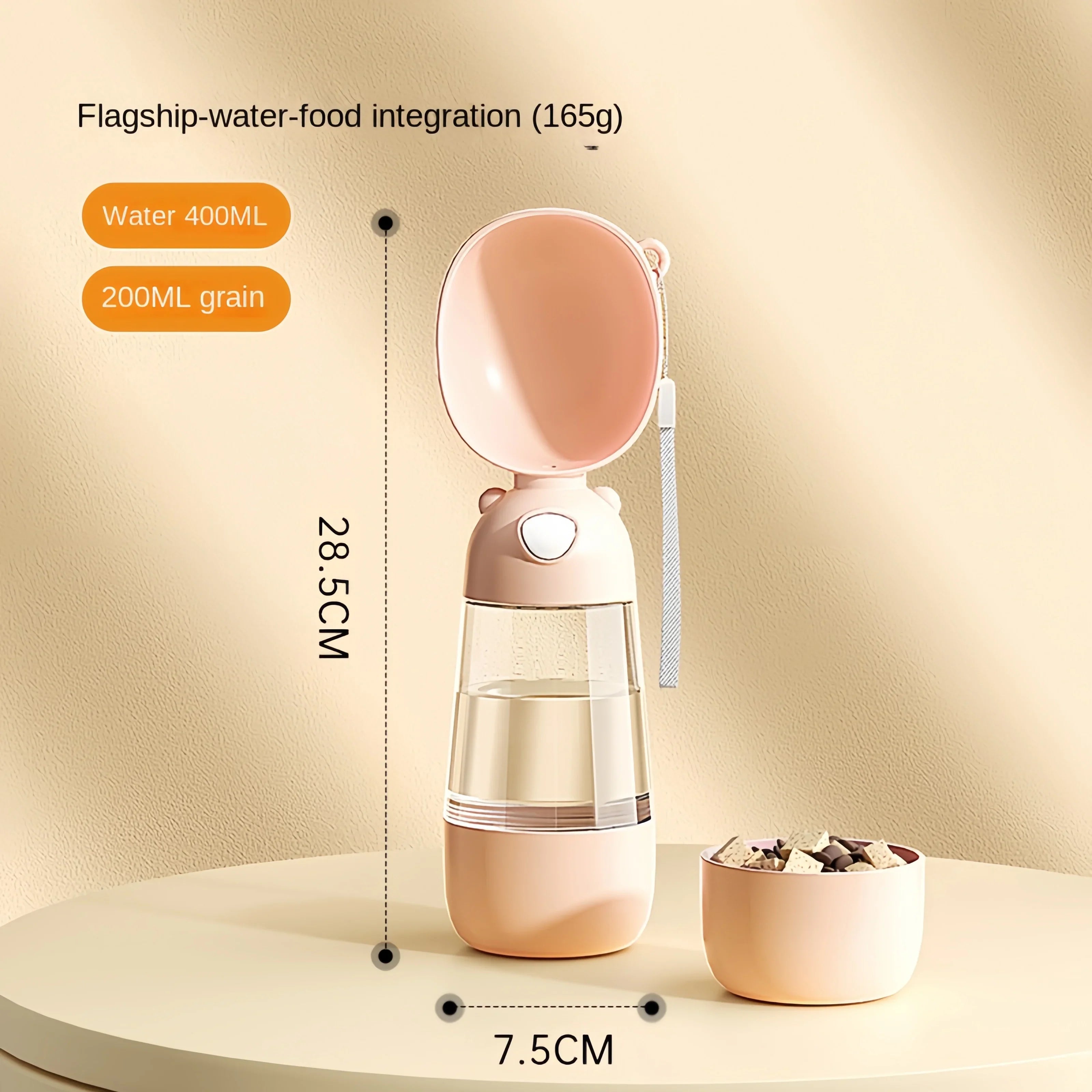Portable Pet Water Bottle with Food Dispenser, Food-Grade Travel Bowl for Dogs & Cats apricot 2 in 1