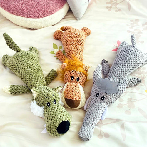 Bite-Resistant Squeaky Plush Dog Toy — Lion, Wolf & Elephant, 15.7 x 6.3 x 3.5 in (40 x 16 x 9 cm) — Interactive Chew Toy for Small & Medium Dogs