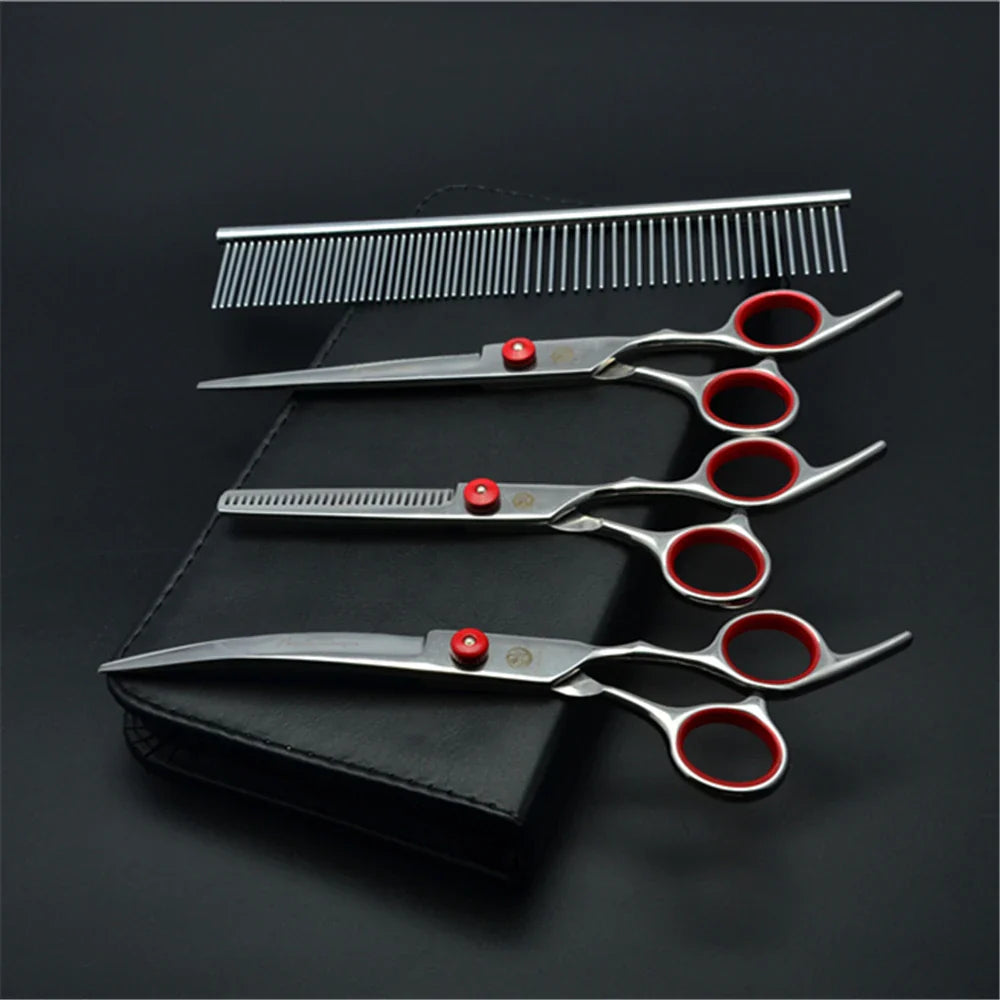 Dog Grooming Scissors Set 6" (15 cm) & 7" (17.5 cm) Stainless Steel Pet Shears — Thinning, Curved & Cutting Z3001-Hong-D4-7Y 7 inch