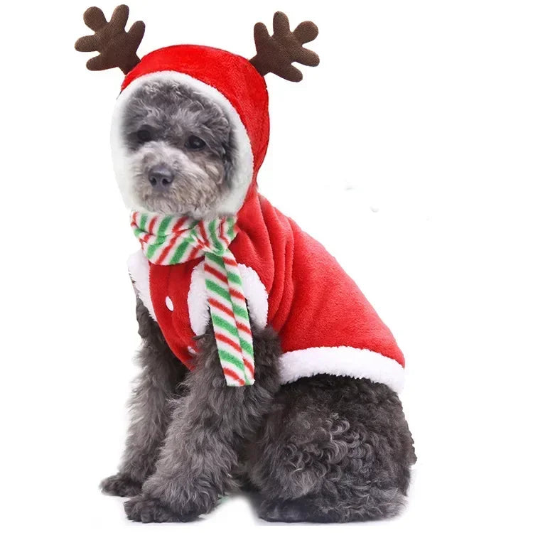 Christmas Dog Hoodie Reindeer & Santa Fleece Coat Winter Warm Pet Jacket for Small to Medium Dogs XS-2XL Scarf