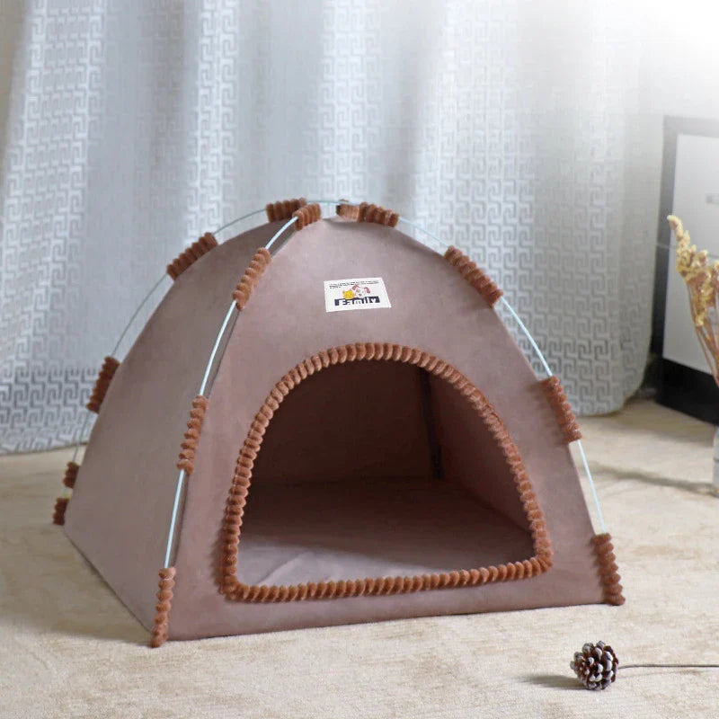 Foldable Cat & Small Dog Tent Bed — Portable Breathable Plush Pet House with Summer Cooling Mat warm chestnut brown