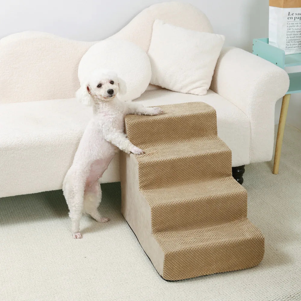 4-5-Step Memory Foam Dog & Cat Stairs with Removable Washable Cover – Pet Ramp Ladder 4 Stairs-Beige