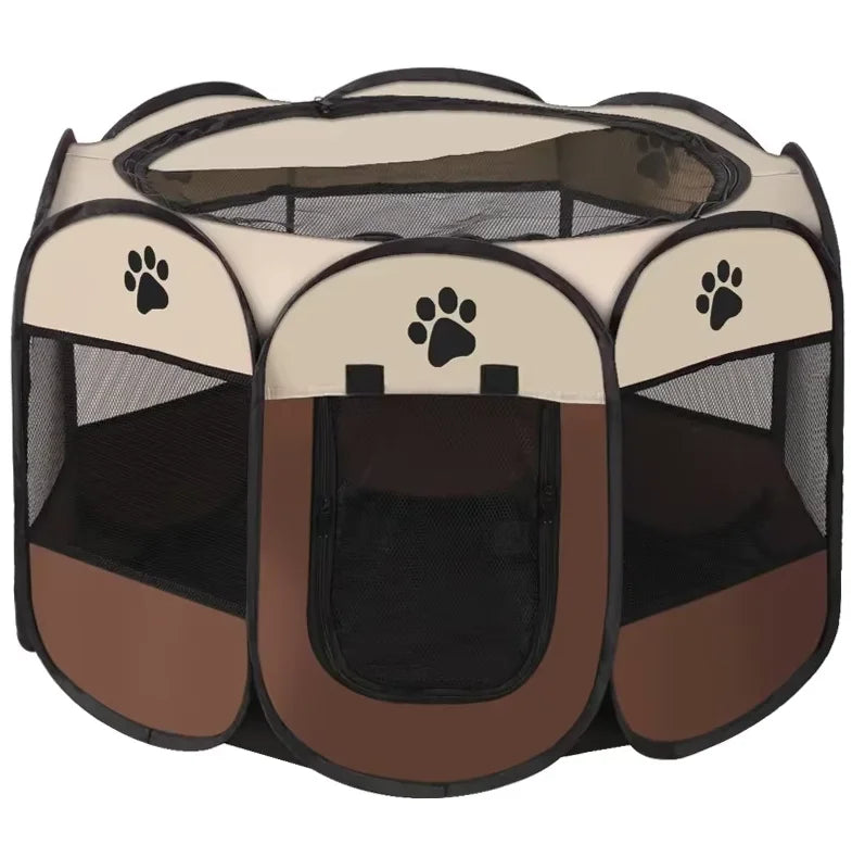 Foldable Pet Tent Kennel Cat Delivery Room Octagonal Fence Puppy Shelter Detachable Summer Pet Tent Outdoor Cat Cage Dog Fences White and Coffee