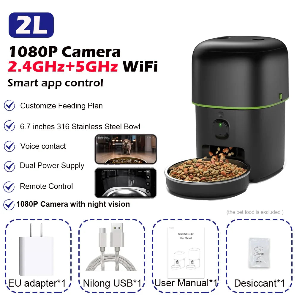 Smart Pet Feeder with 1080P Camera — Dual-Band WiFi (2.4/5GHz) App-Controlled Automatic Cat & Dog Kibble Dispenser, Voice Call & Portion Control 2L WiFi 1080P Camera