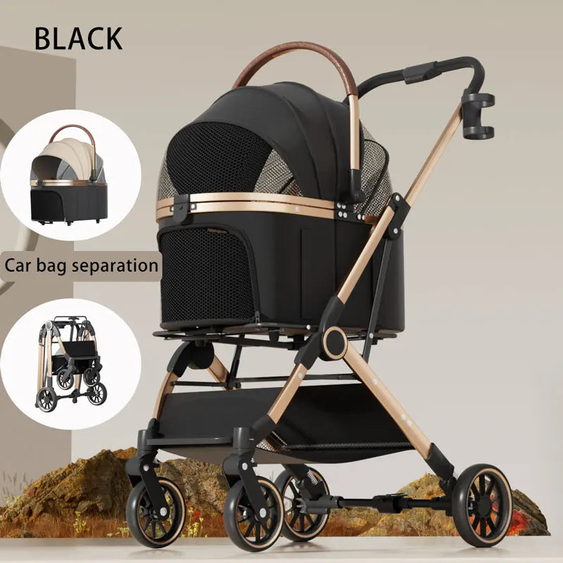 2-in-1 Foldable Pet Stroller with Detachable Carrier Bag – Portable Dog & Cat Cart for Small Pets black China Mainland