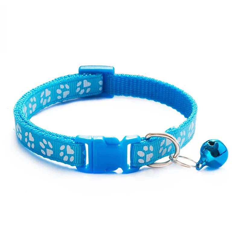 Adjustable Cat Collar with Bell and D-Ring, Dog-Print Rope Necklace, Multiple Colors S blue