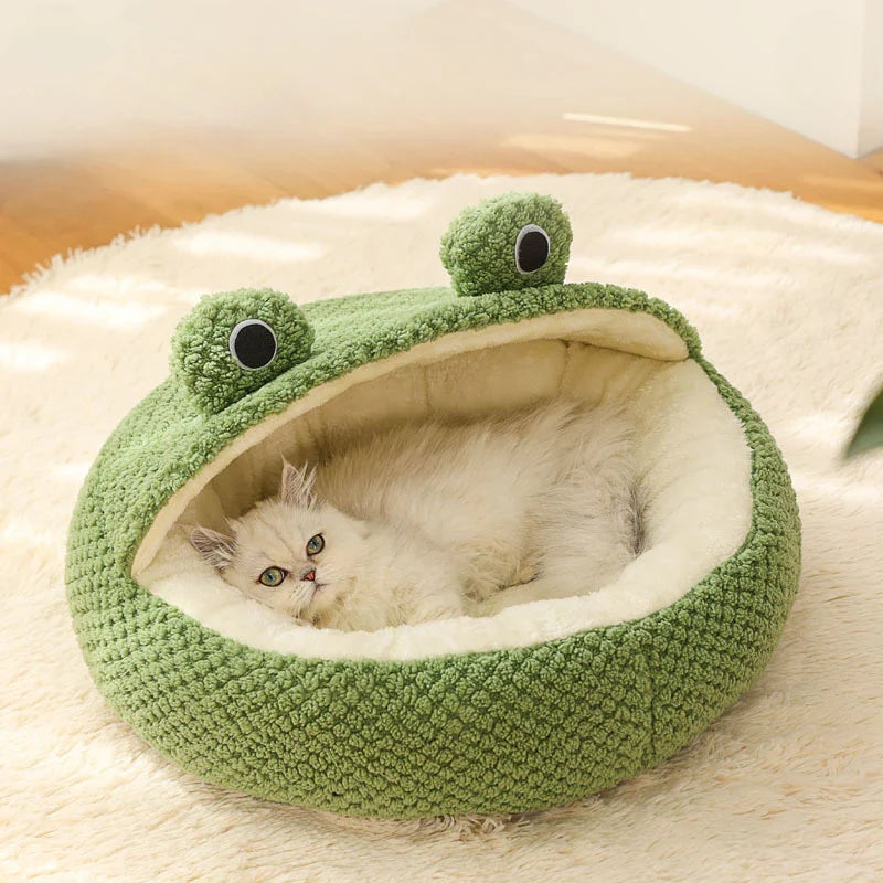 Frog-Shaped Semi-Enclosed Plush Pet Bed – Warm Cat House & Small Dog Den, Cozy Kitten Puppy Nest S Within 10 pounds Half shed fossa China Mainland