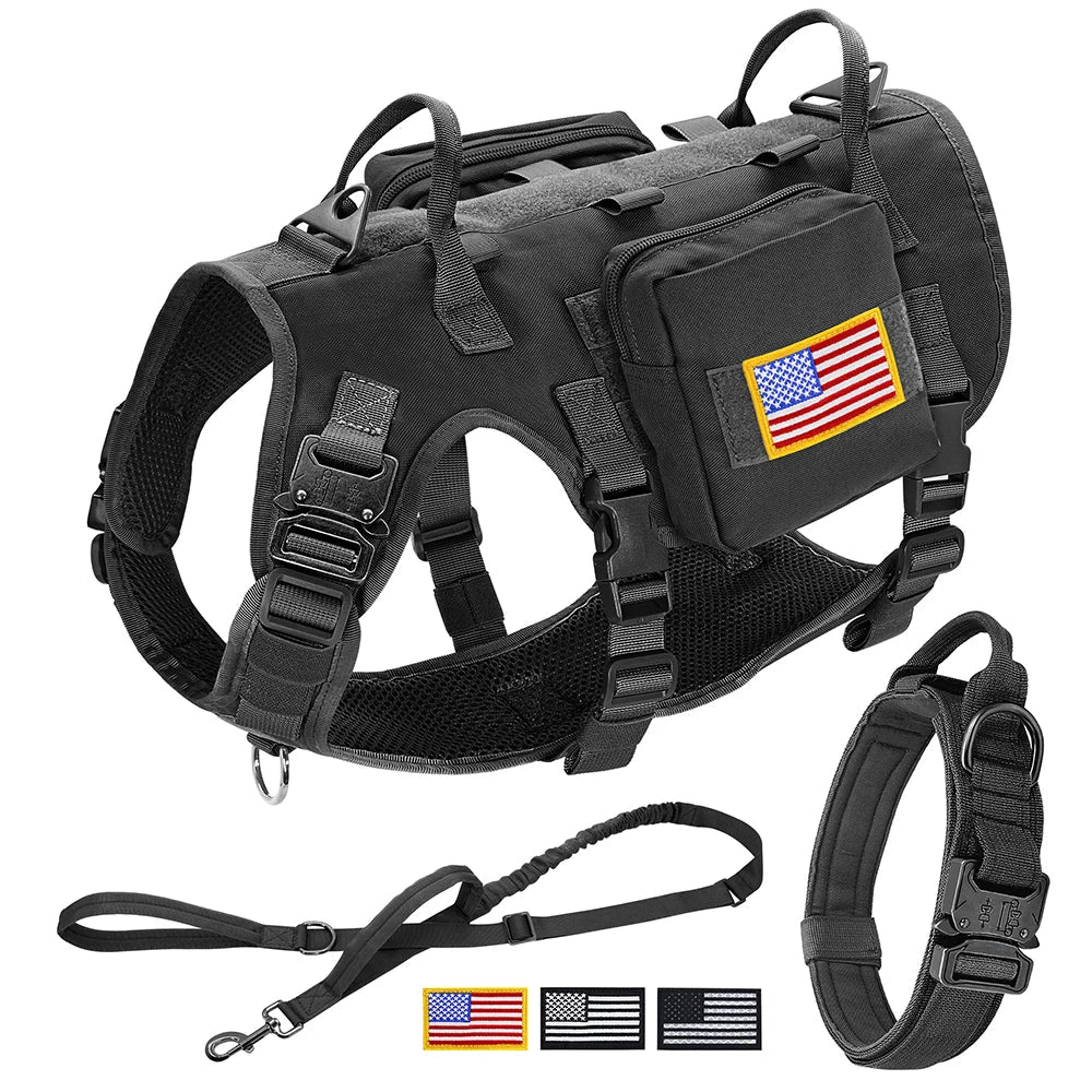 Tactical Dog Harness Collar Leash Set Military Training Pet Vest with Pouches Flags Durable Collars for Big Dogs German Shepherd black