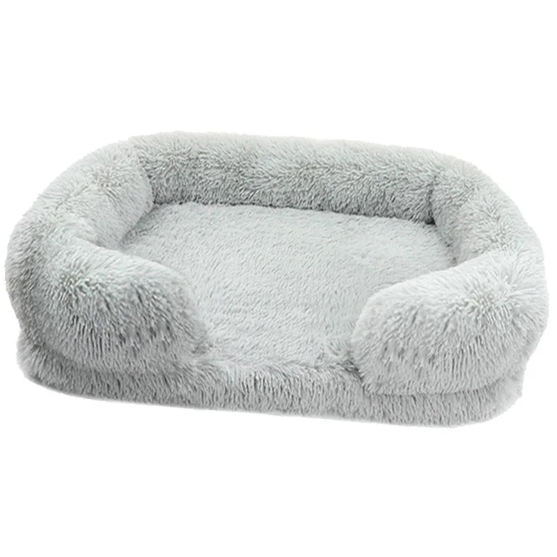 Plush Dog Bed with Removable Cover – Thickened Winter Pet Sofa Pad, Square, Small & Large Light Grey