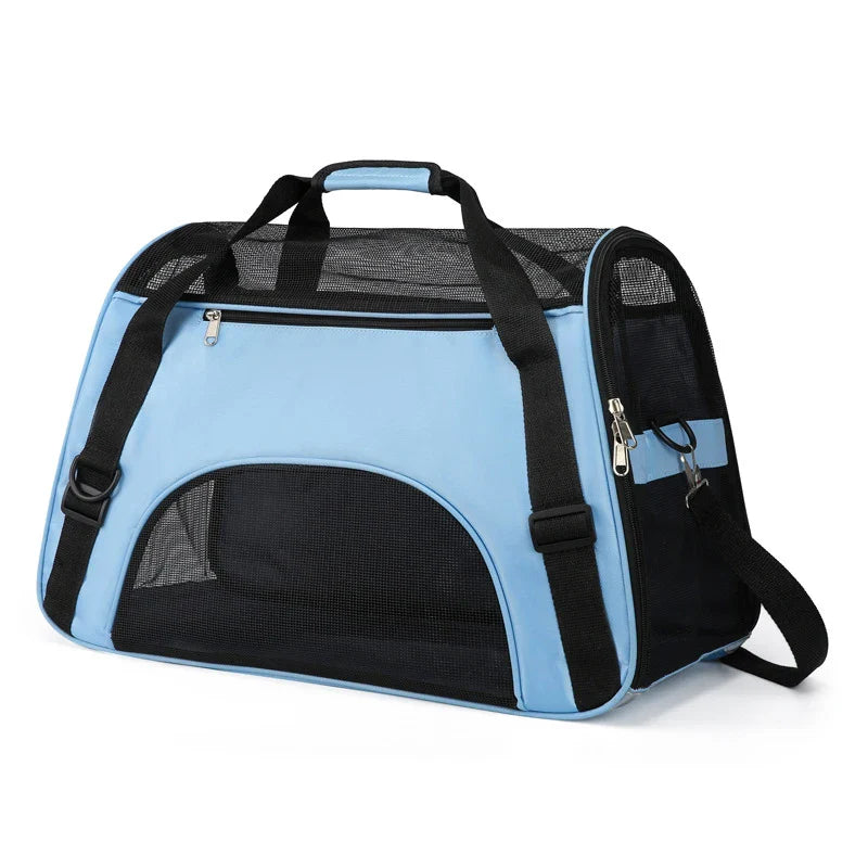 Portable Mesh Pet Carrier – Breathable Foldable Travel Handbag for Cats & Small Dogs blue