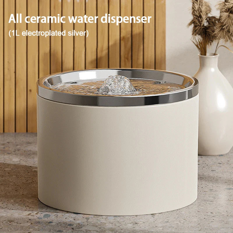 Ultra-Quiet Ceramic Pet Water Fountain for Cats & Small Dogs Automatic Filtered USB Dispenser Silver